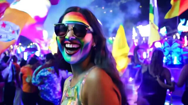 A joyful young woman with rainbow face paint and sunglasses celebrates at a nighttime LGBTQ+ pride event. Surrounded by a crowd waving pride flags, the atmosphere is filled with energy, inclusivity