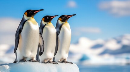 Fototapeta premium Trio of Emperor Penguins on Ice Against a Blue Background