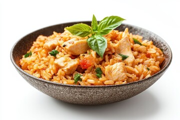 Delicious chicken and rice dish in bowl. Perfect for food blogs, recipe sites, and restaurant menus.