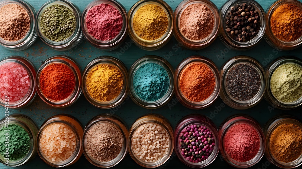 Poster vibrant collection of various spices and seasonings in bowls on a rustic wooden table the diverse as