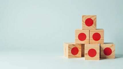 Obraz premium Wooden Blocks with Red Circles Arranged in a Pyramid Shape on a Light Blue Background