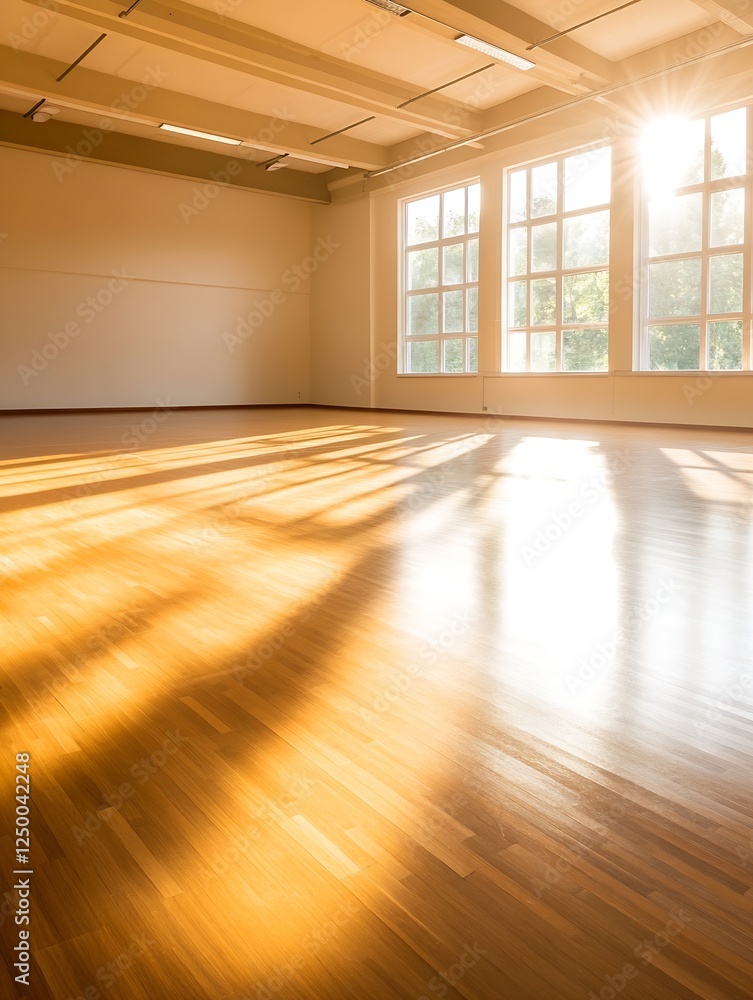 Poster sunlit spacious room with beautiful wooden floor and soft light effects : generative ai