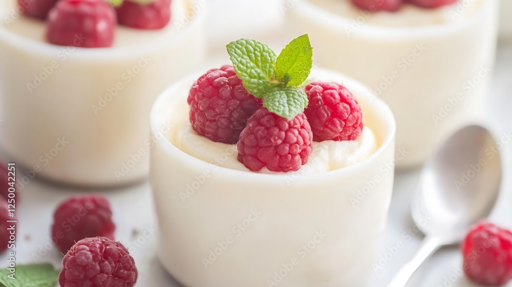 Poster delicious raspberry dessert with cream and mint leaves in elegant serving dish : generative ai