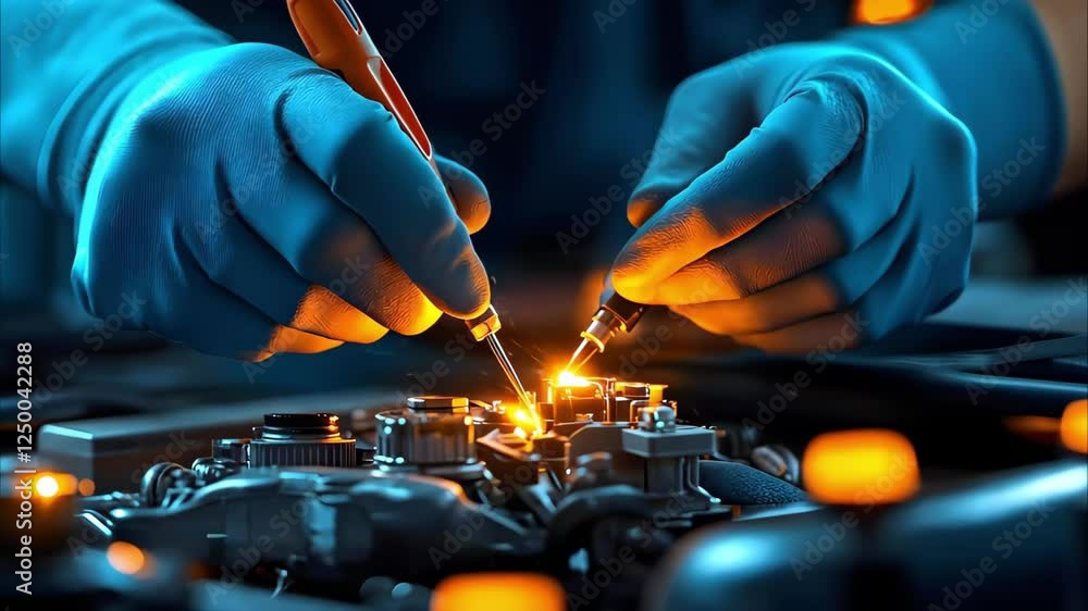 Poster hands wearing gloves working on a complex mechanical component, using tools to manipulate and examin