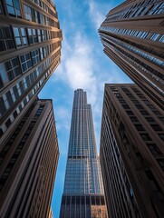 Obraz premium Stunning View of Skyscraper Surrounded by Urban Buildings Under Beautiful Blue Sky : Generative AI