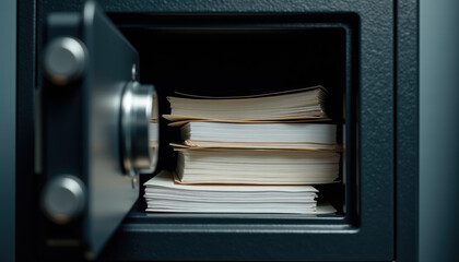 Modern Safe Interior with Stacked Books and Documents