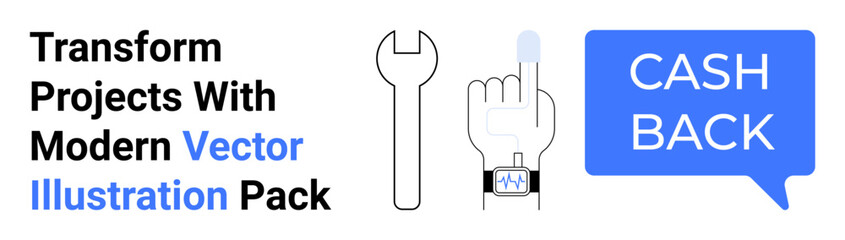Wrench, smartwatch showing time, raised finger tapping, cashback text in chat bubble. Ideal for rewards programs, fintech, technology, DIY tools, e-commerce benefits user interaction flat landing