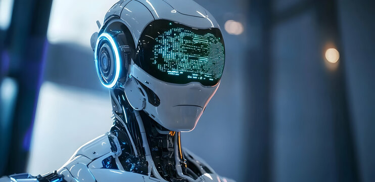 AI-powered robot showcasing a digital interface in a high-tech environment