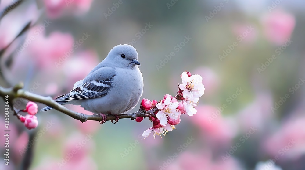 Poster gray bird perched on a blossoming cherry tree branch in vibrant floral background : generative ai