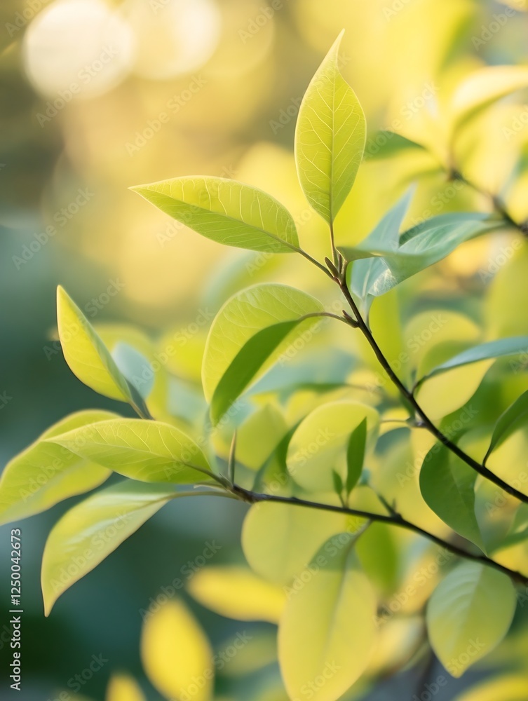 Poster Close up of fresh green leaves with soft sunlight and bokeh background creating a serene nature feel : Generative AI