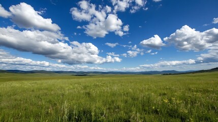 Obraz premium Expansive green field under a bright blue sky with fluffy clouds creating a peaceful natural landscape : Generative AI