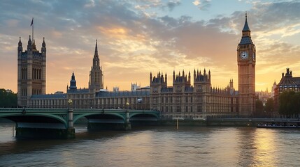 Naklejka premium Stunning Sunset View of Big Ben and Westminster Bridge in London Iconic Landmark and Historic Architecture : Generative AI