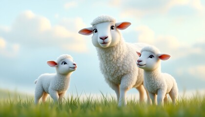 Fototapeta premium Cartoon Sheep and Lambs Grazing in a Green Field Under Blue Sky