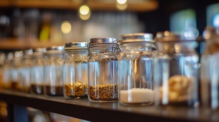 Organized Jars of Spices and Ingredients Displayed on Modern Kitchen Shelf : Generative AI