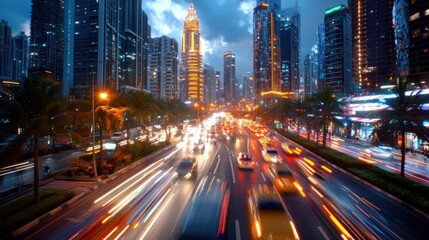 Fototapeta premium Night City Traffic With Vibrant Light Trails and Modern Buildings