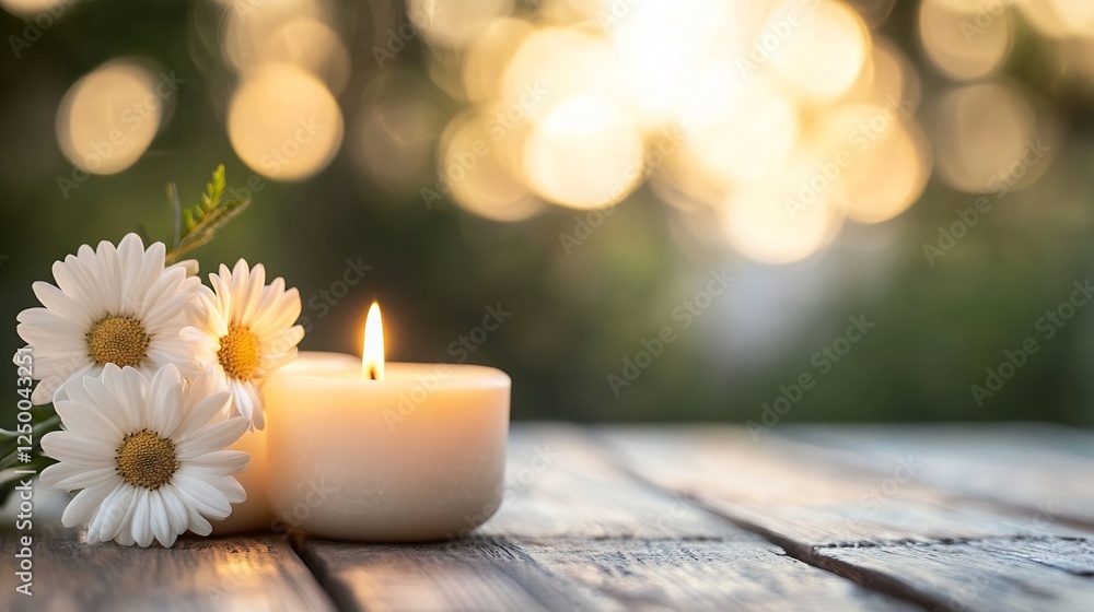 Poster softly glowing candle surrounded by daisies with warm bokeh effect : generative ai