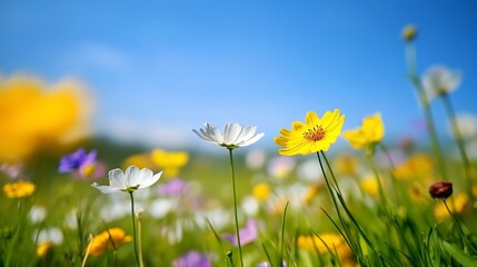 Vibrant Wildflowers Blooming in a Sunny Field with Blue Sky and Colorful Flora : Generative AI