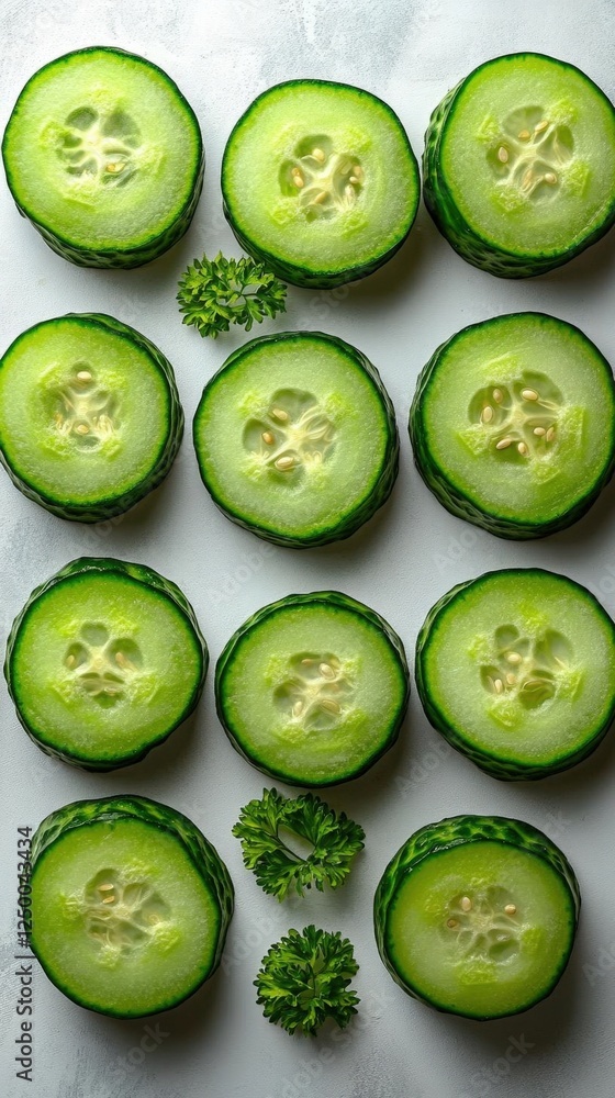 Poster arranged cucumber slices with parsley on light gray background