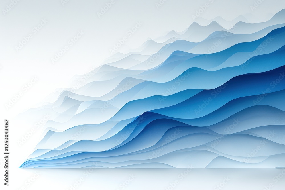 Poster a serene, abstract composition featuring layered waves in varying shades of blue, creating a calming