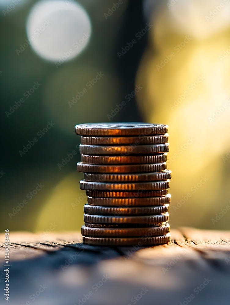 Poster stacks of shiny coins basking in warm sunlight showcasing wealth and financial growth : generative a