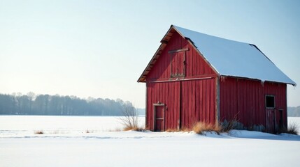 Rustic red barn stands alone in a snowy winter landscape, a picturesque scene of tranquil rural beauty.
