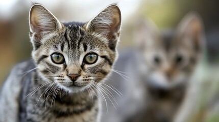 Obraz premium Adorable striped kitten gazing intently with natural backdrop for cute pet imagery : Generative AI