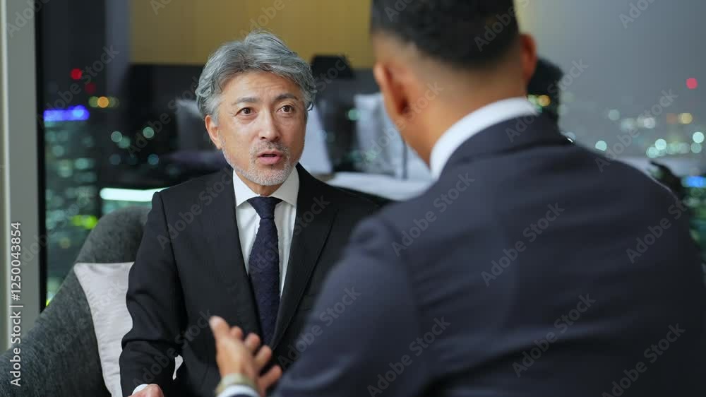 Poster 男性、相談、会議、ミーティング、打ち合わせ、ビジネス、ビジネスマン、インタビュー、会談、エグゼクティブ、シニア、面会、ビジネスパーソン、社長、経営者、ミドルエイジ、中高年、日本人、スーツ、アドバイザー、コンサルタント、コンサルティング、上司、笑顔、取材、俳優、タレント、撮影、収録、テレビ、面談、商談、交渉、夜、ロビー、ラウンジ、オフィス、談笑、仕事、経営、マネジメント、提案、説明、会話、接待、人材