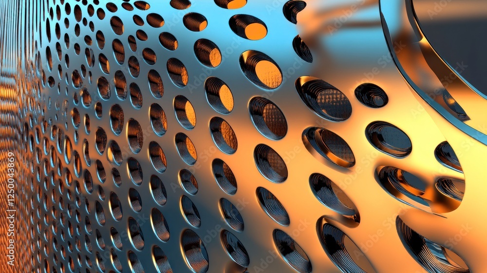 Poster close-up of metallic surface with perforated patterns reflecting light