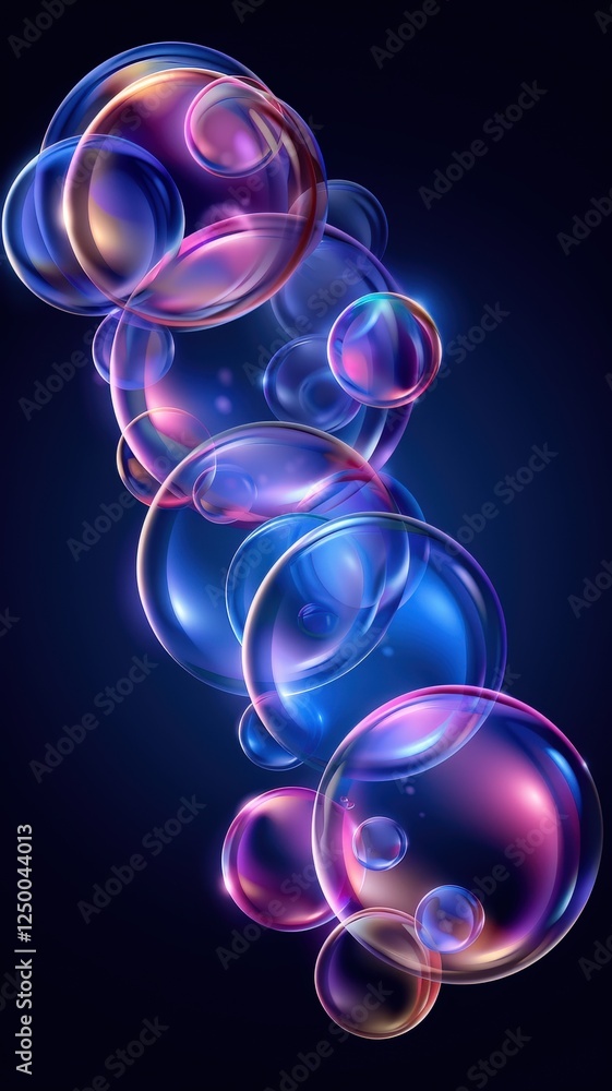 Poster colorful, iridescent bubbles float against a dark background, creating a whimsical and enchanting vi