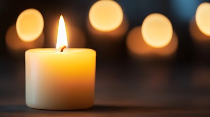 Warm lit candle exuding a cozy atmosphere against a backdrop of soft bokeh : Generative AI