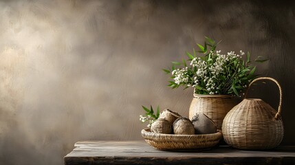 Rustic autumn still life with organic floral bouquet wicker basket and pottery vessels displayed on a wooden table  Simple natural and cozy home decor setting with a tranquil minimalist aesthetic