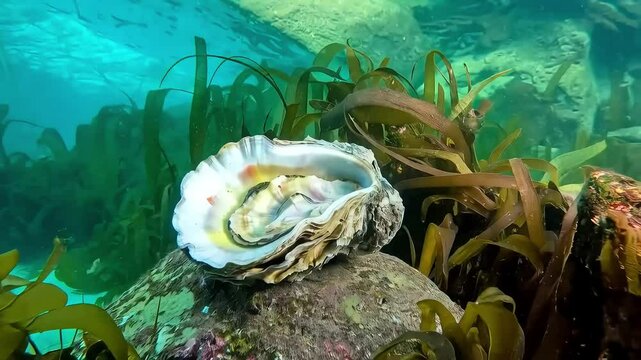 A vibrant oyster shell sits on a rock, surrounded by seaweed in clear turquoise water