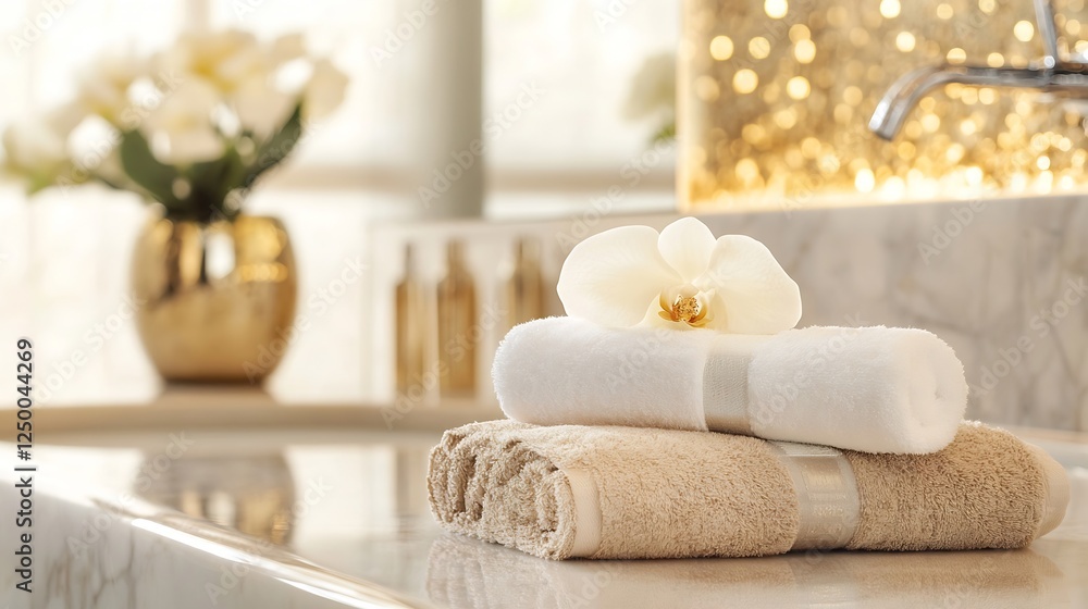 Poster luxurious spa bathroom setup featuring rolled towels and a flower creating serene and relaxing ambia