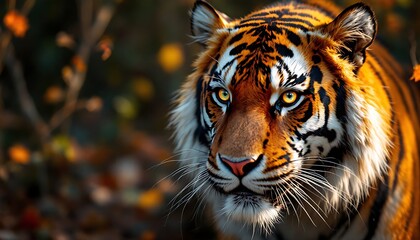 Fototapeta premium Intense Tiger Portrait in Autumn Foliage with Striking Gaze