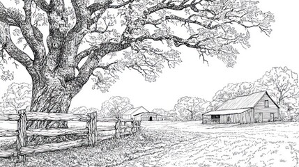 Obraz premium Rustic Farm Scene Oak Tree, Barn, Fence