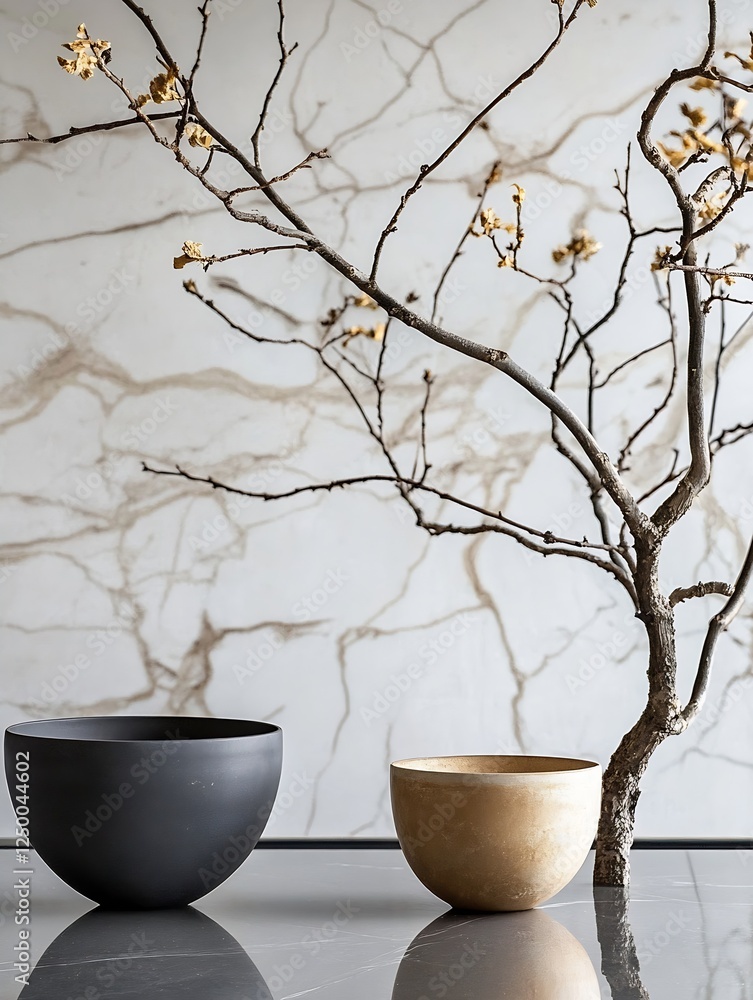 Poster stylish decor featuring modern pottery and a branch against a marble backdrop for minimalist aesthet