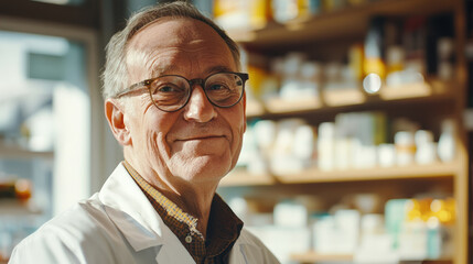 Fototapeta premium A senior man in glasses and a white coat is working at the pharmacy, generative AI