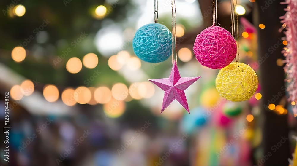 Poster Colorful String Balls and Bright Star Decoration with Blurred Background Lights : Generative AI