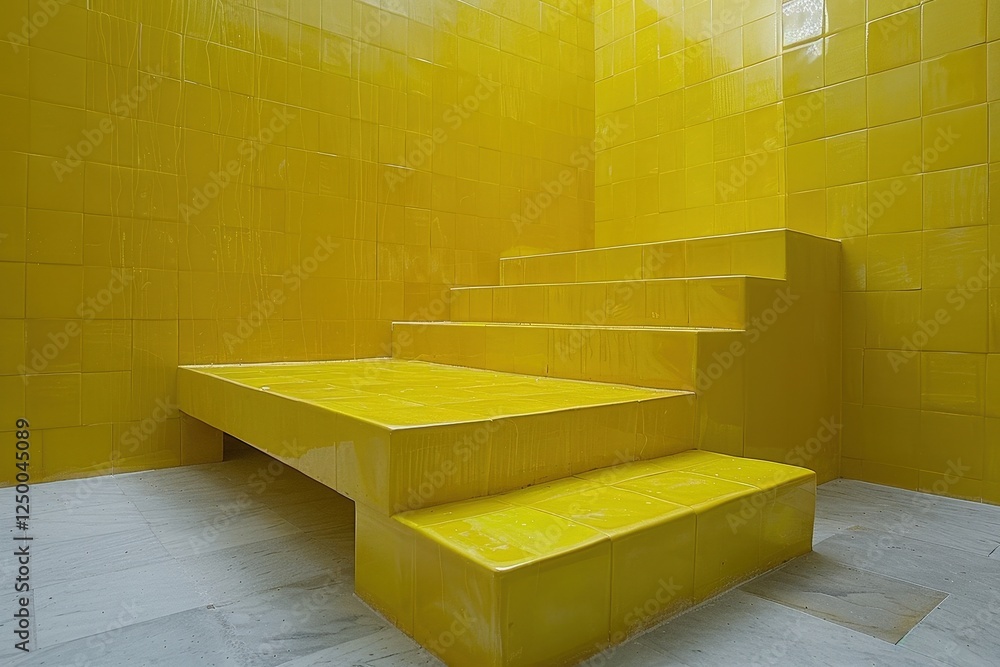 Poster a vibrant yellow stairway leads to an inviting space, featuring tiled walls and a minimalist design 