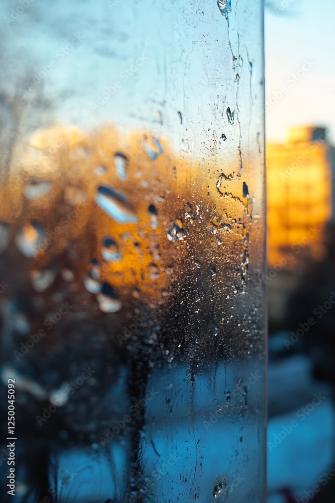 Aufkleber Rainy window scene with droplets and a colorful sunset illuminating the backdrop : Generative AI