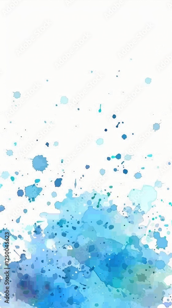 Poster a vibrant splash of blue watercolor with soft textures and scattered dots, creating a calming and ar