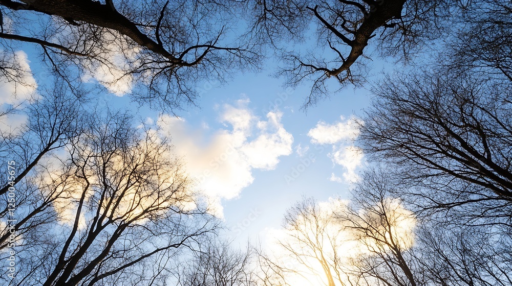 Poster beautiful winter sky framed by leafless trees with soft clouds and warm sunlight at sunset : generat