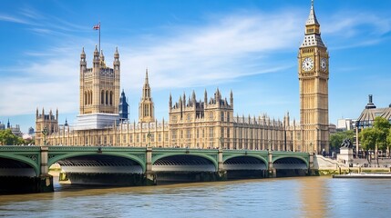 Fototapeta premium Iconic Big Ben and Houses of Parliament Beside the Thames River in London : Generative AI