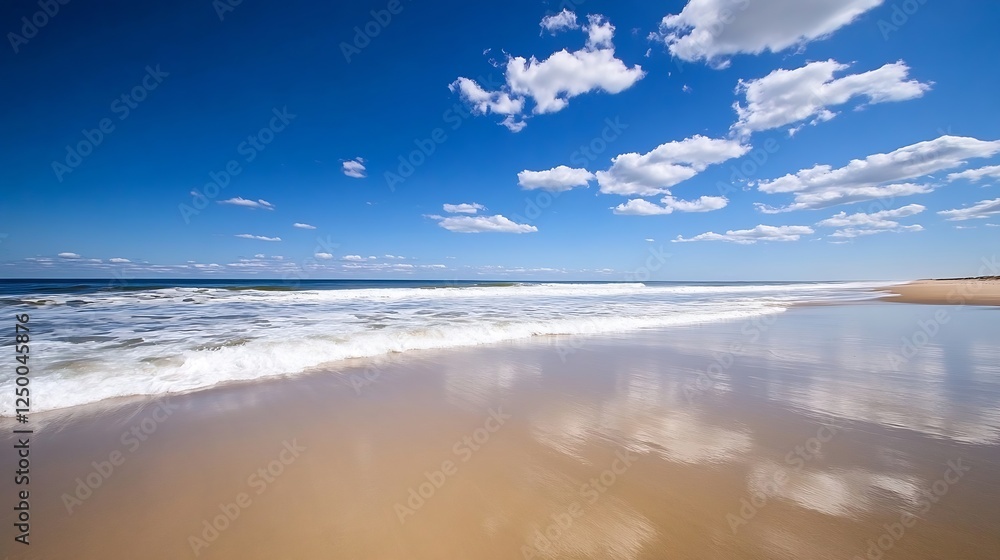 Poster stunning coastal beach view with gentle waves under a clear blue sky and fluffy clouds : generative 