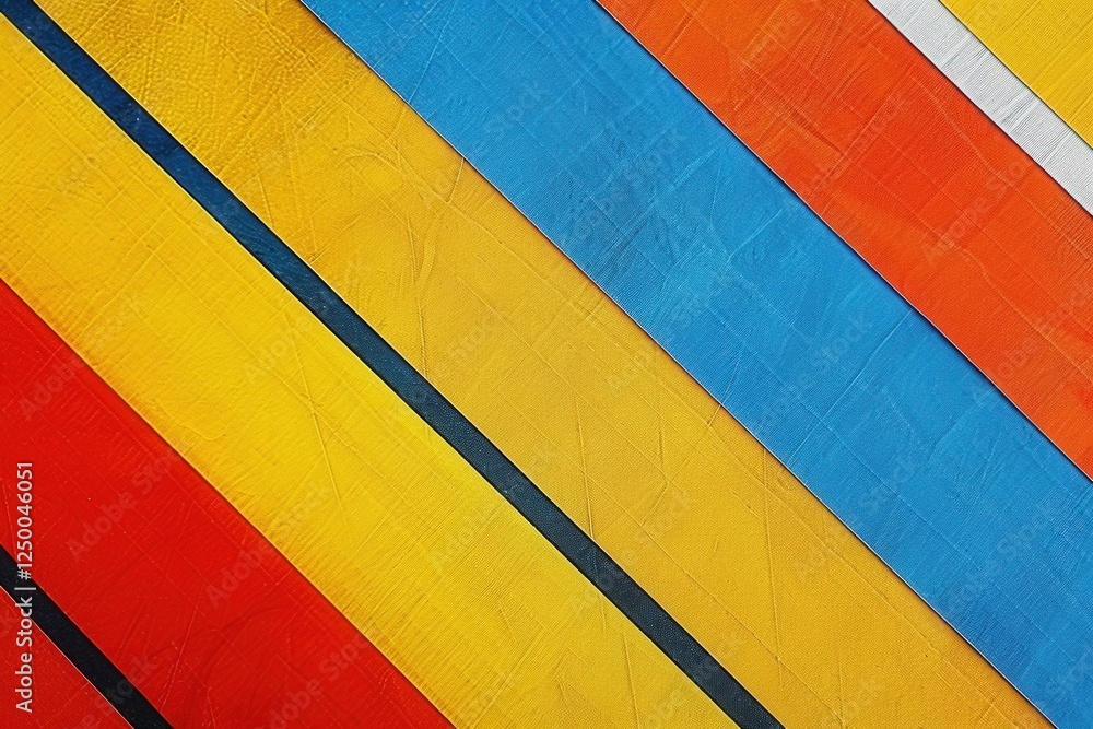 Poster a vibrant composition of diagonal stripes in red, yellow, blue, and orange, creating a dynamic and c