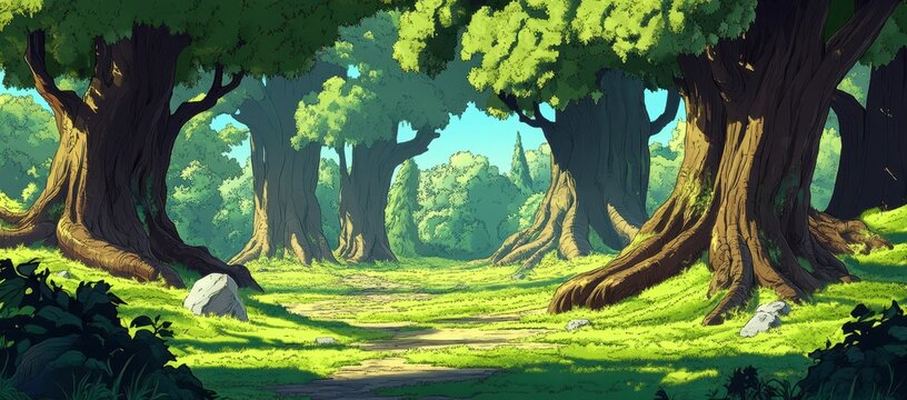 Sunlit path through a lush green forest with large trees and rocks.