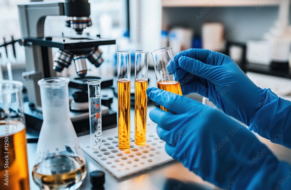 Poster laboratory scientist carefully analyzes yellow liquid samples in test tubes with precision in a lab 