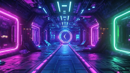 A futuristic gaming space arena with glowing purple, blue and green neon elements, forming an immersive sci-fi environment background wallpaper AI generated image