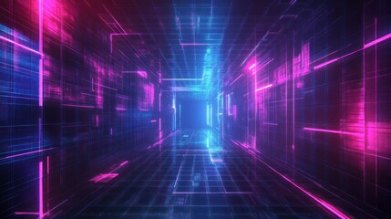 Abstract futuristic cyberpunk gaming background with digital retro glowing blue and purple neon lines wallpaper AI generated image