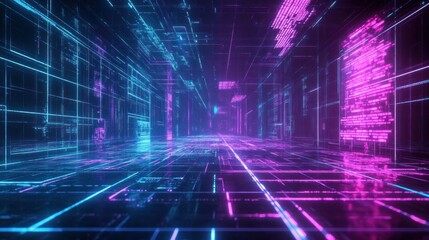 Obraz premium Abstract futuristic cyberpunk gaming background with digital retro glowing blue and purple neon lines wallpaper AI generated image